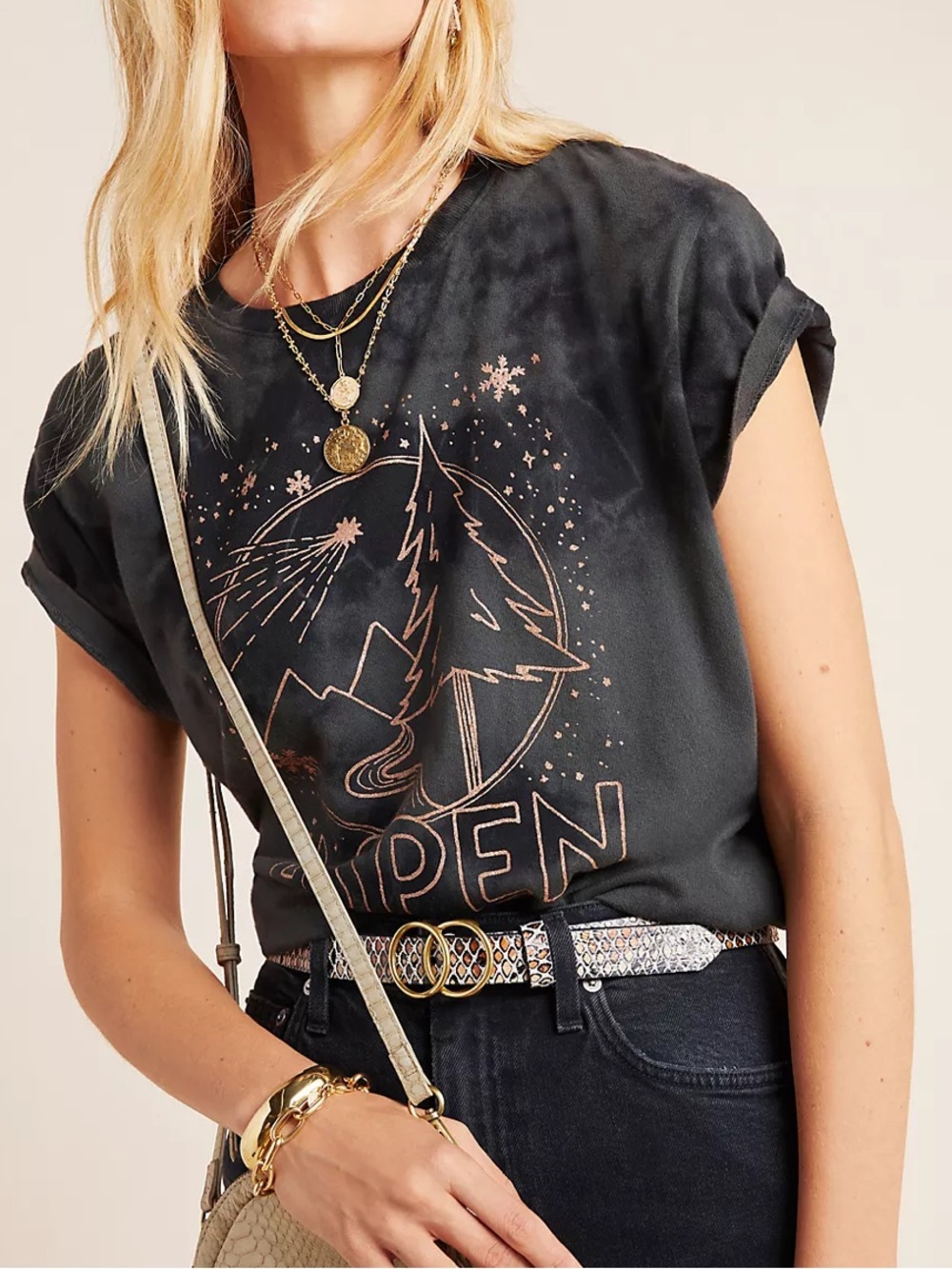 Anthropologie Junk Food Graphic Tee Women Size S Black Aspen Tie Dye Metallic